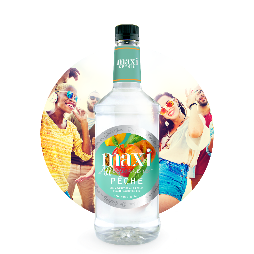 Maxi Dry Gin boutteille.